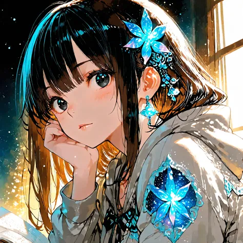 A beautiful girl anime-style female character (1.0), semi-realistic (1.0), mi-long hair semi-curly black hair with brown streaks (1.2),black eyes (1.2), matte skin (1.0), age 20 (1.0), wearing a light gray hoodie with a logo in the center reading "pourfend...