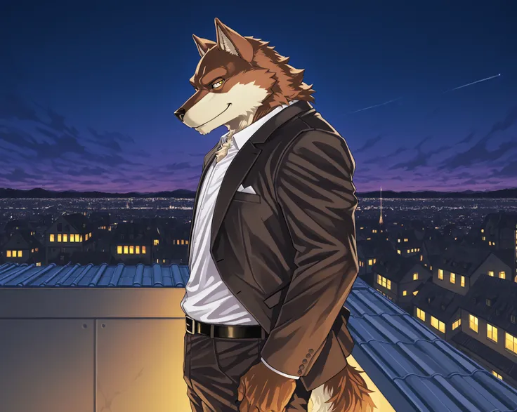 core_9, score_8_up, score_7_up, score_6_up, score_5_up, masterpiece,  furry, 
solo, male, wolf, Sajin Komamura, big wolf, yellow eyes wolf, 5 fingers, shinigami, shinigamim captain, suit jacket, gentleman, Elegant shirt, belt, pants, Karakura Town at night...