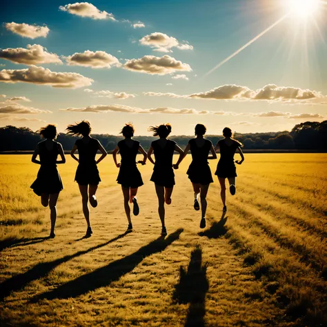 Bright and nostalgic jazz art：Silhouettes of friends running through a large field、Golden Sunlight、blue sky and white clouds、Cinematic、vintage film style、without characters、Oil Wind