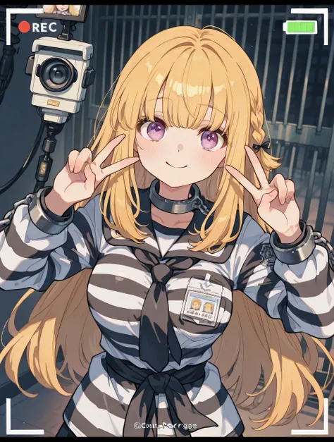 Prison Iron Lattice Single Room、10My niece、((((plain, simple prisoner uniform))))、Smile Yan、((((Countless unmanned security cameras))))、Double V Peace Sign、long hair at Boro-Yado