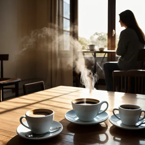 A cozy morning cafe scene with sunlight streaming through large windows, a warm cup of coffee on the table, soft steam rising, blurred silhouettes of people in the background enjoying their morning. Gentle, pastel tones with a calm and warm vibe. No text i...