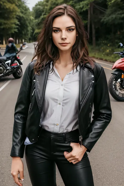 can you carefully draw a woman touring on a large motorcycle,full face helmet，black leather jacket， Black Leather Pants ，Leather Handbags,Leather shoes,can you draw facial expressions more delicately，leather jacket、white shirt,Leather long pants，A woman wh...
