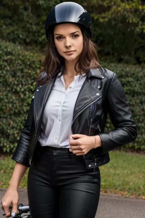 can you carefully draw a woman touring on a large motorcycle,full face helmet，black leather jacket， Black Leather Pants ，Leather Handbags,Leather shoes,can you draw facial expressions more delicately，leather jacket、white shirt,Leather long pants，A woman wh...