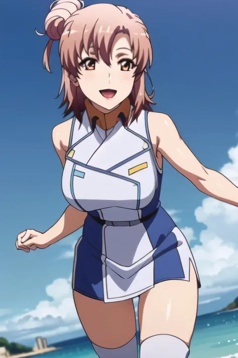 Can you draw a skinny woman in a sleeveless big breasted military uniform，big breasts blue and white women's lightweight military costume，、miniskirt，wear thigh-high stockings on both legs，boots，,brown hair，smiling Yang，A woman gazing at the ocean，、Don't tr...