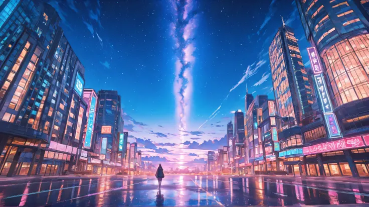 a breathtaking cinematic wide shot of a futuristic Japanese-inspired city skyline at night, countless stars sparkling in a crystal-clear sky, the Milky Way arching across the horizon, glowing wisps of clouds illuminated by soft moonlight, vibrant neon sign...