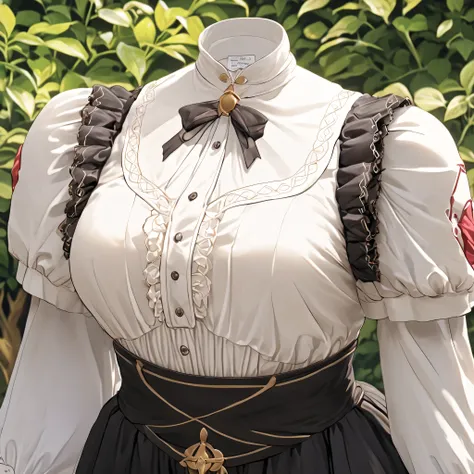 Hilda Valentine Goneril, white blouse, black skirt, Garreg Mach uniform, masterpiece, in garden, (invisible:1.5, no humans:1.5, headless:1.5, faceless:1.5), cute big breasts, detailed cloth texture, extremely details, close-up to breasts