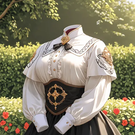 high quality, masterpiece, ultra-detailed, Hilda Valentine Goneril, white blouse, black skirt, Garreg Mach uniform, in garden, (invisible:1.5, no humans:1.5, headless:1.5, faceless:1.5), cute big breasts, detailed cloth texture, extremely detailed, close-u...