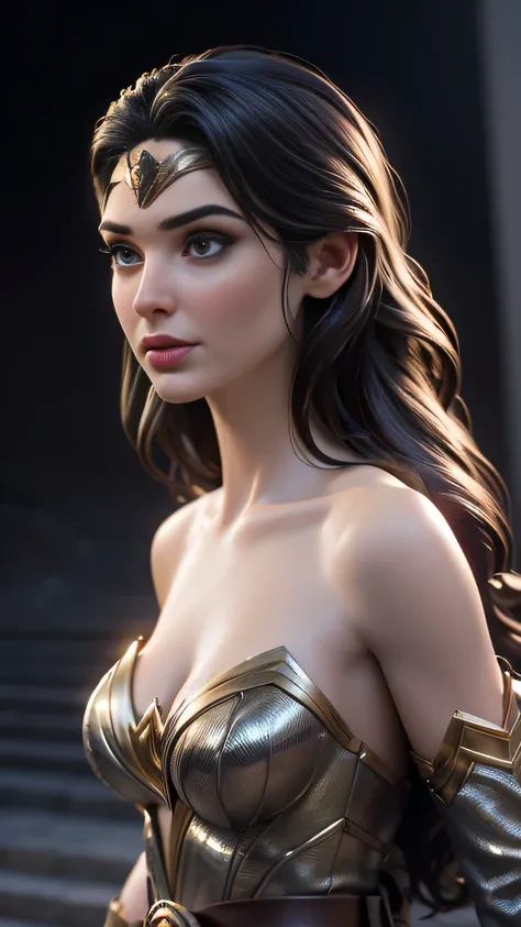 RAW digital art, close up, ultra-realistic 3D render of a stunning woman resembling Gal Gadot , ((highly detailed face:1.3)), flawless skin texture, expressive eyes with subtle reflections, soft shadows and cinematic studio lighting, Pixar-inspired style b...