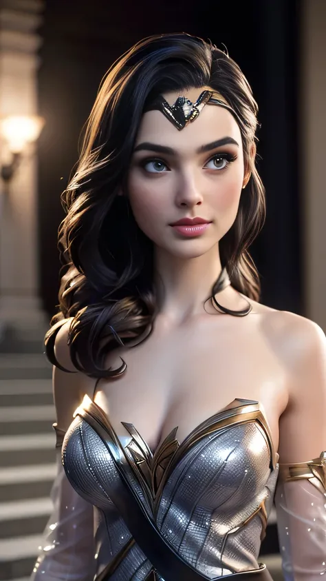 RAW digital art, close up, ultra-realistic 3D render of a stunning woman resembling Gal Gadot , ((highly detailed face:1.3)), flawless skin texture, expressive eyes with subtle reflections, soft shadows and cinematic studio lighting, Pixar-inspired style b...