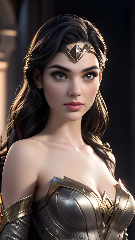 RAW digital art, close up, ultra-realistic 3D render of a stunning woman resembling Gal Gadot , ((highly detailed face:1.3)), flawless skin texture, expressive eyes with subtle reflections, soft shadows and cinematic studio lighting, Pixar-inspired style b...