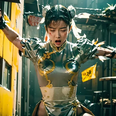 攻撃を喰らって後ろにand has been blown away(My body is floating in the air due to the impact), I'm screaming in pain, Expression of Agony, ryona, damaged, hurts, and has been blown away, tragic tone, Sweat and blood are flying, Chun Li (silver costume), hyper real,...