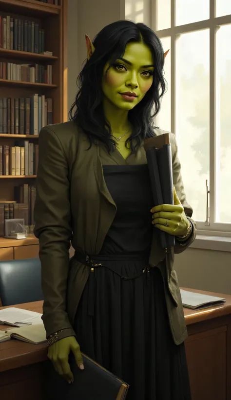 orc, fangs, pointed ears, black sclera, 1female, yellowish green skin, black eyes, black hair, school principal, standing, modern school office, distinct Asian facial features, calm authoritative expression, wearing elegant dress, subtle jewelry, holds fol...