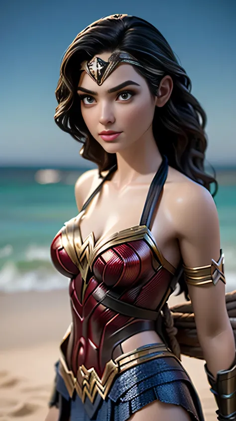 RAW digital art, close up, ultra-realistic 3D render of a stunning woman resembling Gal Gadot , ((highly detailed face:1.3)), flawless skin texture, expressive eyes with subtle reflections, soft shadows and cinematic studio lighting, Pixar-inspired style b...