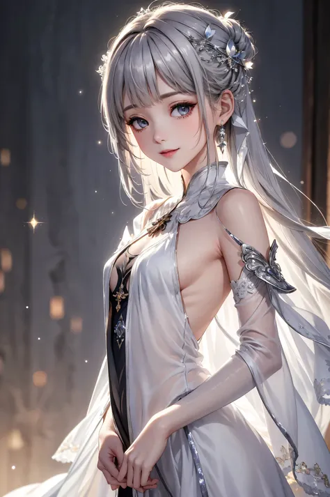 (masterpiece),(4K),high quality,(small breasts),sexy girl、Sexy Saints , Long Silver Hair ,My skin is white,smile, Beautifully detailed gray eyes, ( high-definition and elegant ),( White Capelet Fashion), magical color and atmosphere, detailed skin from sle...