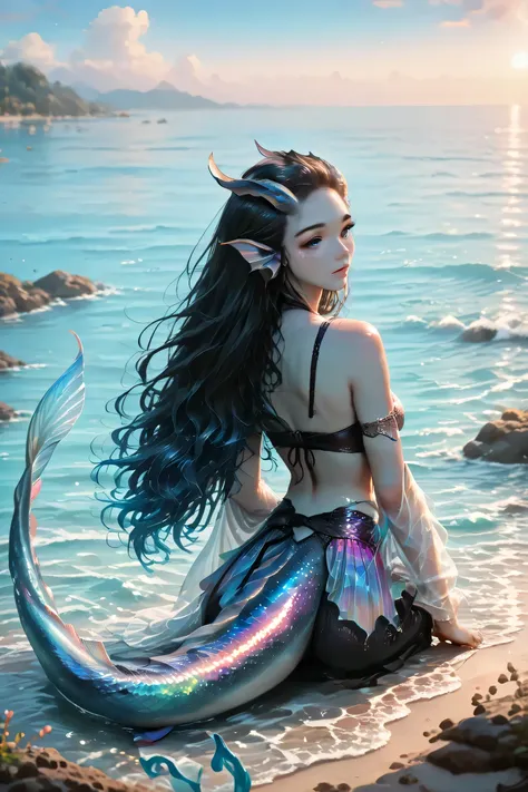 Kedra,Aesthetic style,(glitter),soft anime,(masterpiece, detailed:1.2),masterpiece, high quality, ultra-detailed, 1 girl, Kedra, aquatic humanoid, beautiful sea creature hybrid, iridescent fish scales, elegant fins, bikini, translucent fins on arms, beach ...