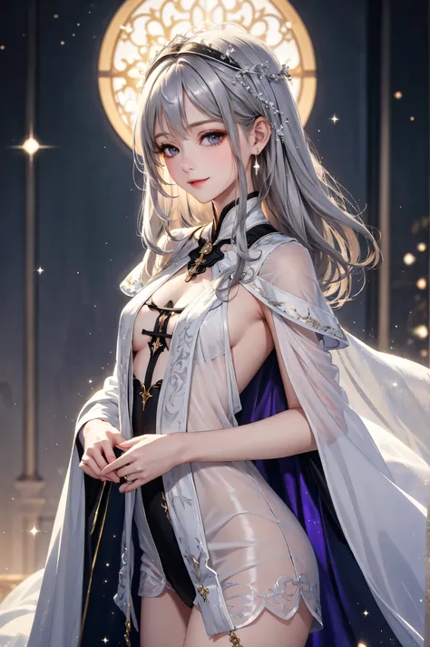 (masterpiece),(4K),high quality,(small breasts),sexy girl、Sexy Saints , Long Silver Hair ,My skin is white,smile, Beautifully detailed gray eyes, ( high-definition and elegant ),( White Capelet Fashion), magical color and atmosphere, detailed skin from sle...