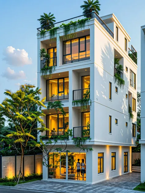 neo classical villa on street, tropical tree, vivid colour, streetcapes, black detail, white wall, large glass door, warm interior lighting, best quality,