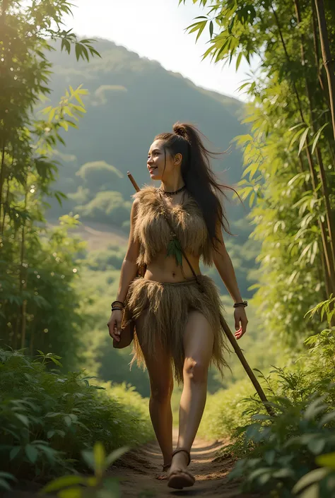 Safe Image Work, 

(Realistic ultra intricately natural landscape),during primitive Prehistoric era,smiling expression,a happy female folk hunter,wanderer,she is wearing simple folk traditional primitive fur and leaf long tunic coat dress, in the dense bam...