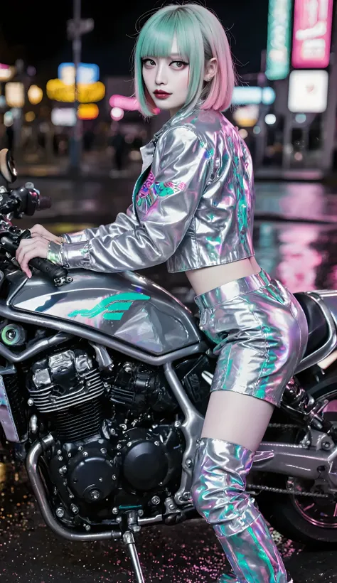 A hyper-realistic ultra-detailed photo of a futuristic race queen biker sitting astride a sleek motorcycle. 
She has a pastel pink to turquoise gradient bob haircut, each strand rendered with fine texture and natural shine, 
her flawless skin glowing softl...