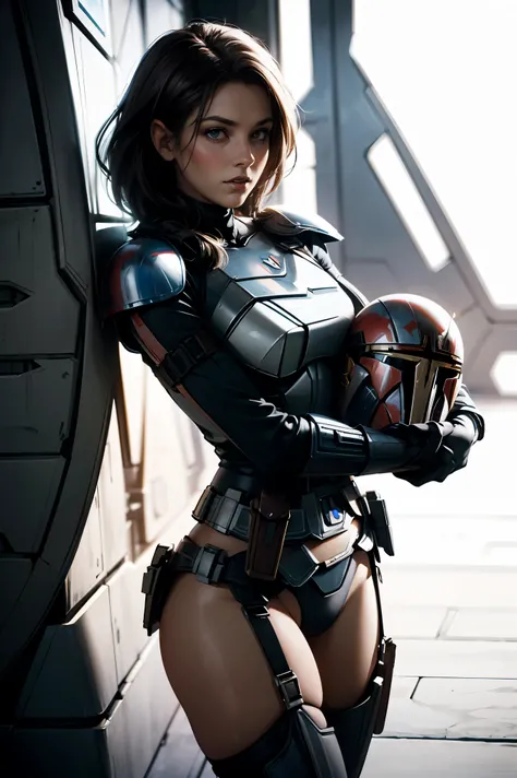 Star Wars Worldview ,A Mandalorian woman takes off her Helmets ,Helmets,Beautiful Mandalorian   ,Hold the Mandalorian Helmets in your arms, big eyes,GARTER BELT , slender  , Ripped Outfit ,slimming, Tide,   is wearing Mandalorian armor  ,  has a Mandaloria...