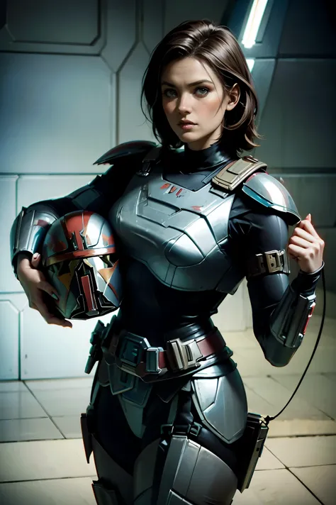 Star Wars Worldview ,A Mandalorian woman takes off her Helmets ,Helmets,Beautiful Mandalorian   ,Hold the Mandalorian Helmets in your arms, big eyes,GARTER BELT , slender  , Ripped Outfit ,slimming, Tide,   is wearing Mandalorian armor  ,  has a Mandaloria...