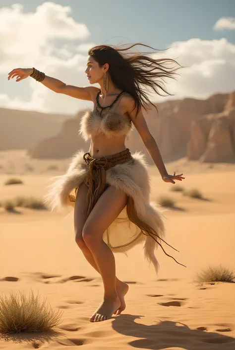 Safe Image Work, 

(Realistic ultra intricately natural landscape),during primitive Prehistoric era,smiling expression,a female primitive tribal bard,,she is wearing simple folk traditional primitive fur long tunic dress, in the desert on the scenery,she i...