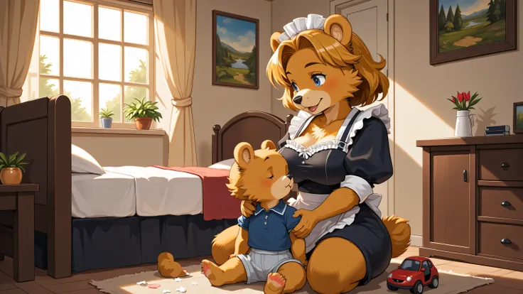 Mother Bear, about 35 years old, wearing a maid uniform, a classic black dress with puffy sleeves, a white apron tied around her waist. Mother Bear's outfit is complemented by an old white shirt. Hair. Baby Bear: petite, chubby, about 3 years old, wearing ...