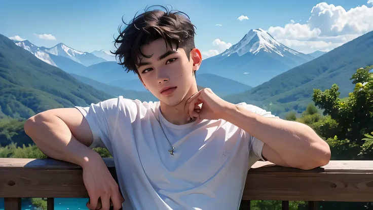 male Handsome guy in his 30s日本人 short hair dark haired whitetshirt White Shorts summer resort Plateau Resort the background is a beautiful sky and mountains Face up and stretch a lot Make Your Face Bigger Make Your Face Bigger Handsome guy ...