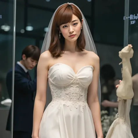 Beautiful woman with a hollow expression wearing a white wedding mini dress in a glass showcase、white wedding veil、Price tag 、bright lighting、Love Doll Showroom、A gentleman appraising an item、1 woman、Detailed Thigh、beautifully detailed face with strong nat...