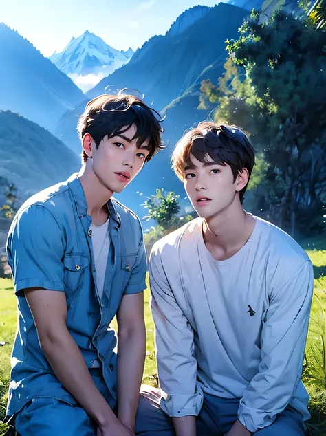 Two adult men two handsome guys short hair dark haired whitetshirt the two have knee-length shorts and no strings The background of two people standing side by side is a beautiful mountain range no building two people side by side sit on the ground ...
