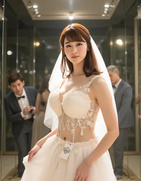 Beautiful woman with a hollow expression wearing a white wedding mini dress in a glass showcase、white wedding veil、white garter belt、Price tag 、bright lighting、Love Doll Showroom、A gentleman appraising an item、1 woman、Detailed Thigh、beautifully detailed fa...