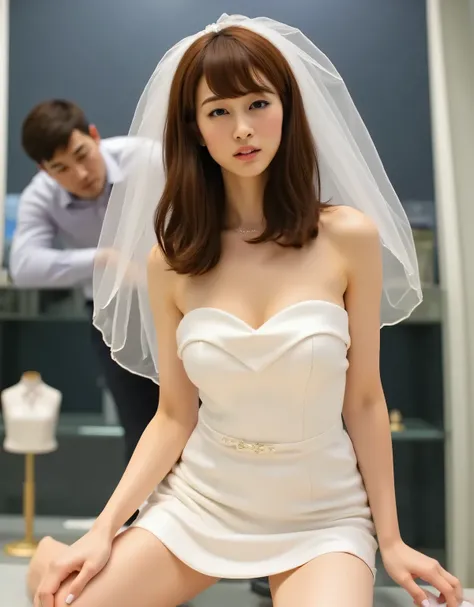 Beautiful woman with a hollow expression wearing a sexy white silk wedding mini dress in a glass showcase、white wedding veil、Price tag 、bright lighting、Love Doll Showroom、A gentleman appraising an item、1 woman、Detailed Thigh、beautifully detailed face with ...