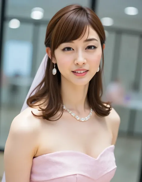 Beautiful woman with a hollow expression wearing a sexy pink lace wedding mini dress in a glass showcase、pink wedding veil、Price tag 、bright lighting、Love Doll Showroom、A gentleman appraising an item、1 woman、Detailed Thigh、beautifully detailed face with st...