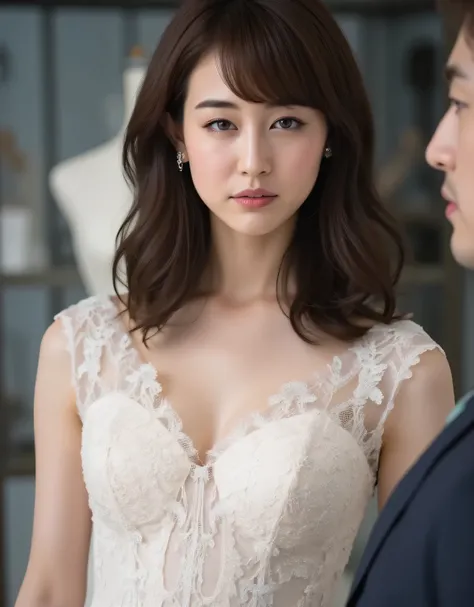 Beautiful woman with a hollow expression wearing a sexy white lace wedding mini dress in a glass showcase、white wedding veil、Price tag 、bright lighting、Love Doll Showroom、A gentleman appraising an item、1 woman、Detailed Thigh、beautifully detailed face with ...