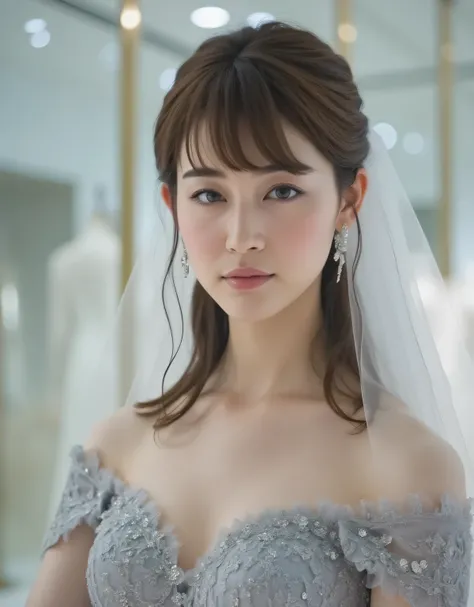 Beautiful woman with a hollow expression wearing a sexy grey lace wedding mini dress in a glass showcase、 gray prom veil 、Price tag 、bright lighting、Love Doll Showroom、A gentleman appraising an item、1 woman、Detailed Thigh、beautifully detailed face with str...