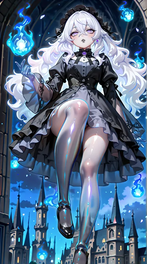 (Full body 0.8), highly detailed anime style, anime face, high quality, masterpiece, best quality, ultra detailed, finely detailed, sharp focus, 8K, high resolution, intricate details, beautiful lighting, beautiful eyes, late night, old castle, mid-air, tr...