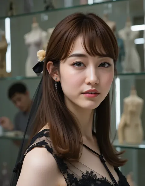 beautiful woman with a hollow expression wearing a sexy black lace wedding mini dress in a glass showcase、black wedding veil、Price tag 、bright lighting、Love Doll Showroom、A gentleman appraising an item、1 woman、Detailed Thigh、beautifully detailed face with ...