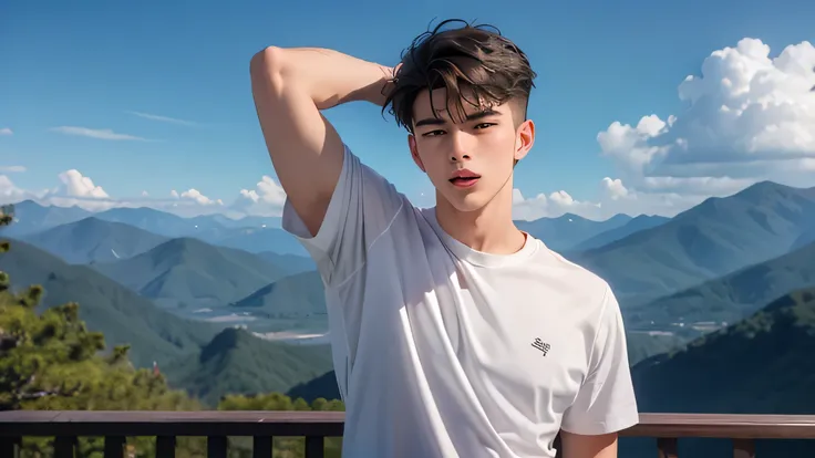 Handsome guy in his 30s男性 Handsome guy in his 30s日本人 short hair dark haired whitetshirt White Shorts summer resort Plateau Resort the background is a beautiful sky and mountains Face up and stretch a lot Big yawn Make Your Face Bigger Make Your ...
