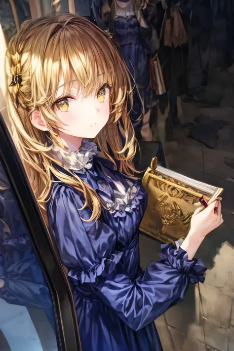 Young woman with golden hair and golden eyes reflected in a puddle in the dark, holding a diary, wearing a black and yellow victorian dress, close-up shot with highly detailed facial expressions, heavy shadows and grim lighting