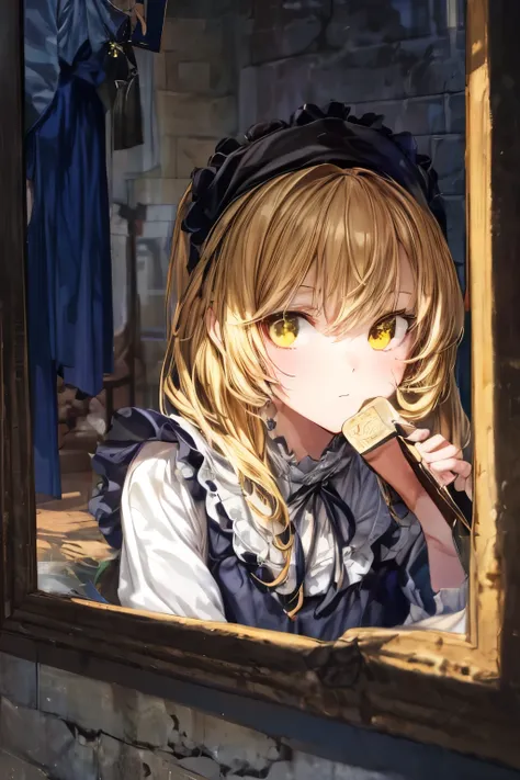 Young woman with golden hair and golden eyes reflected in a puddle in the dark, holding a diary, wearing a black and yellow victorian dress, close-up shot with highly detailed facial expressions, heavy shadows and grim lighting