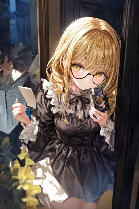 Young woman with golden hair and golden eyes reflected in a puddle in the dark, holding a diary, wearing a black and yellow victorian dress and glasses, close-up shot with highly detailed facial expressions, heavy shadows and grim lighting