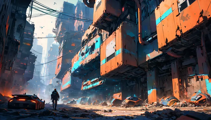 Create a view from the central perspective of the image Sci-fi scene of a damaged square and streets of a Cyberpunk city, with lot industrial pipework, painted with strong colors combined with an ink line drawing with thicker and thinner black lines, massi...