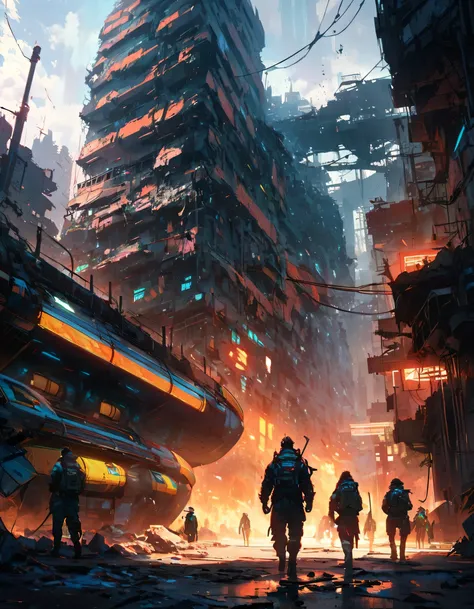 Create a view from the central perspective of the image Sci-fi scene of a damaged square and streets of a Cyberpunk city, with lot industrial pipework, painted with strong colors combined with an ink line drawing with thicker and thinner black lines, massi...