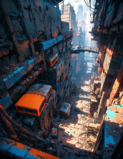 Create a view from above perspective of the image Sci-fi scene of a damaged square and streets of a Cyberpunk city, with lot industrial pipework, painted with strong colors combined with an ink line drawing with thicker and thinner black lines, massive ora...
