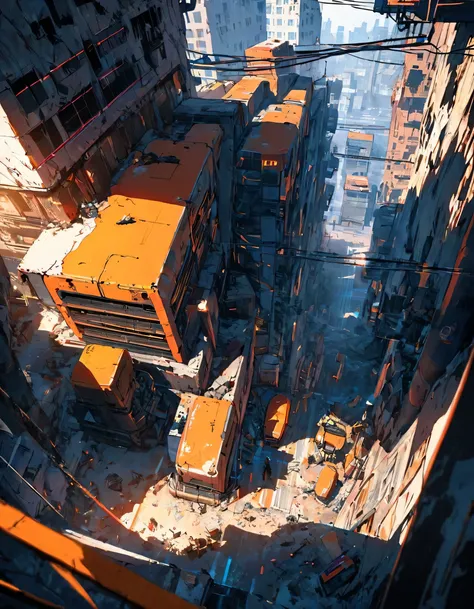 Create a view from above perspective of the image Sci-fi scene of a damaged square and streets of a Cyberpunk city, with lot industrial pipework, painted with strong colors combined with an ink line drawing with thicker and thinner black lines, massive ora...