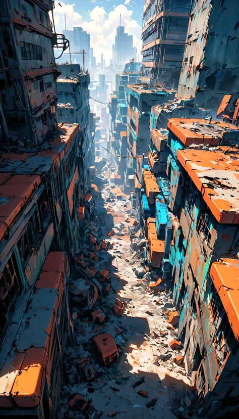 Create a view from the central perspective of the image Sci-fi scene of a damaged square and streets of a Cyberpunk city, with lot industrial pipework, painted with strong colors combined with an ink line drawing with thicker and thinner black lines, massi...