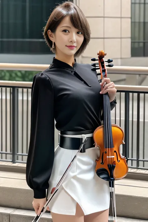 (woman playing violin),High Quality,high resolution,high image quality,tall,white blouse,Waist belt,black leather tight mini skirt,Shortcut Hair,full body shot,black enamel high heels,in the city