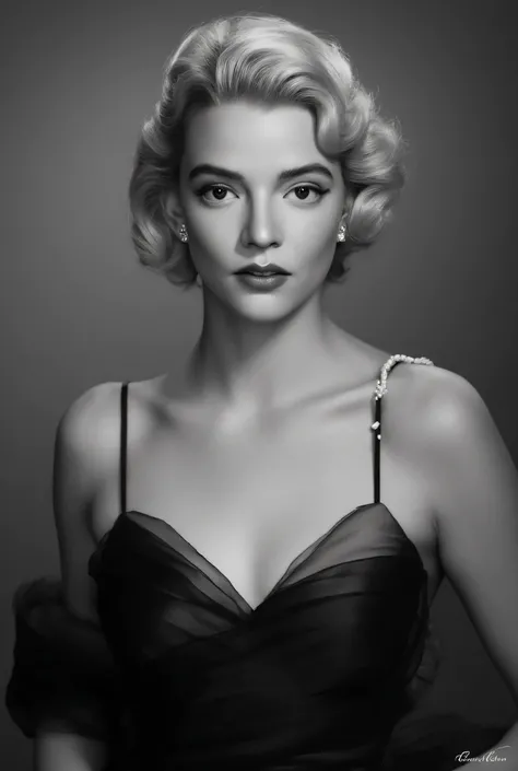 The photograph is in black and white, consistent with classic Hollywood glamour photography of the 1930s. The black and white photograph shows a glamorous girl with a stylish, wavy blonde long hairstyle. She is wearing a black open sleeveless dress with st...