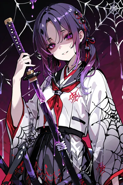 Arachne Girl. Purple hair. Parted bangs. Gradient hair with a spider web pattern hair ribbon. Purple eyes. Yandere eyes. Japanese kimono jacket. White jacket. Spider web pattern costume. Black Japanese school uniform. Black spider body. Spider legs. Red pa...