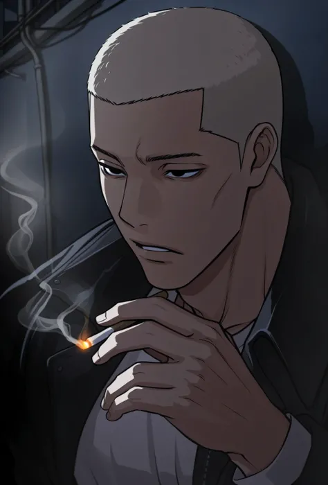1male,solo,short hair,platinum blond hair,buzz-cut,black eyes,grim,flur leather jaket,White shirt,Ciggarette,smoking,muscle,alley,shadow face,night,Lookism